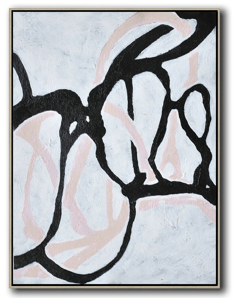 Handmade Large Painting,Hand-Painted Black And White Minimal Painting On Canvas,Hand Painted Original Art